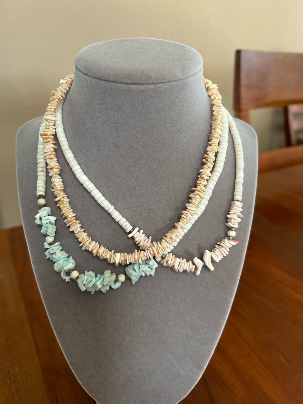 Layered Beach Shell and Sea Glass Necklace Set in Cream & Light Blue